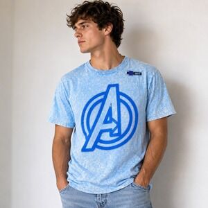 Marvel T-Shirt Avengers Logo Blue Acid Wash Cotton Graphic Tee Large‎